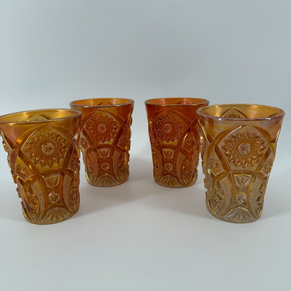 L.E. Smith Marigold Carnival Glass Daisy Button Juice Tumblers Set of 4 4in